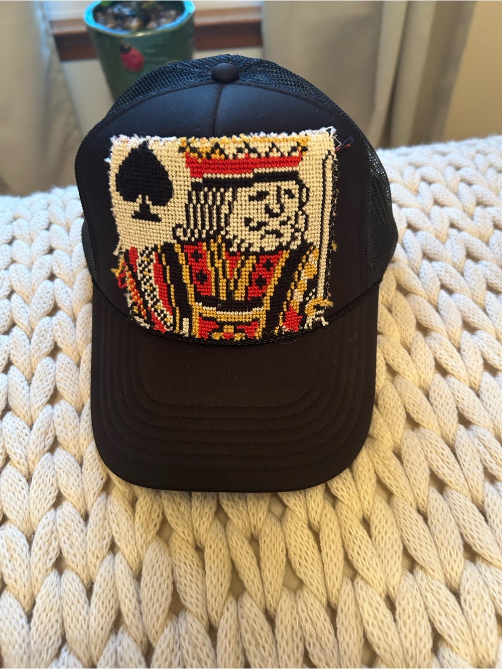 Black Trucker Cap with King of Spades Needlepoint Patch